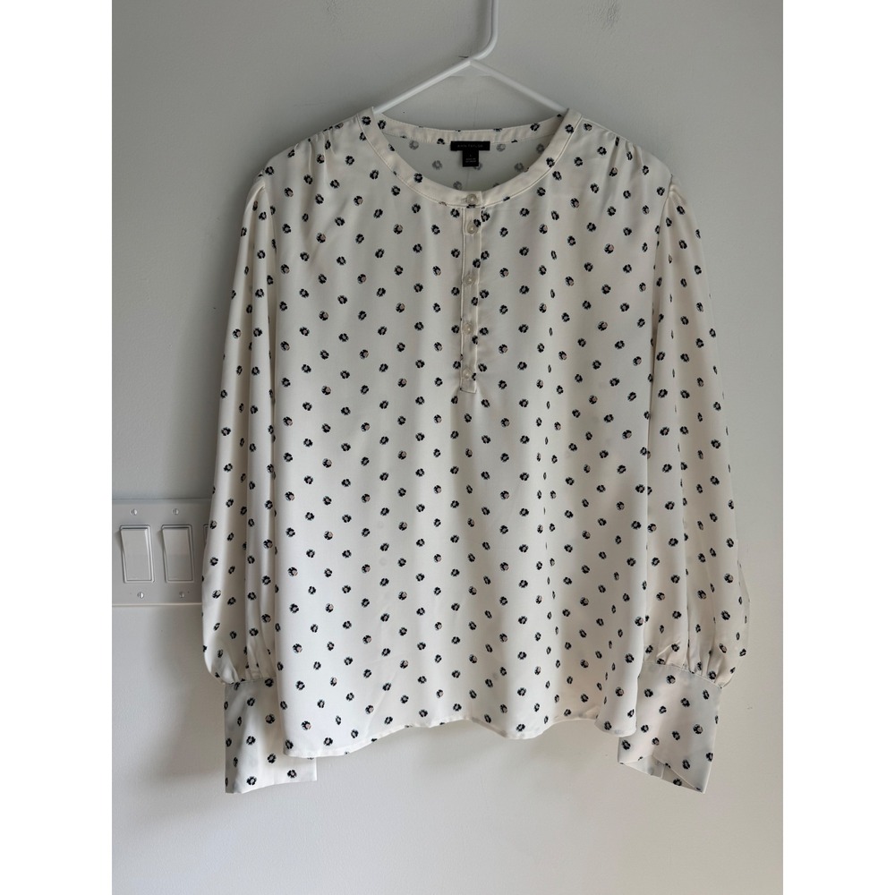 Ann Taylor Womens Floral Polka Dot Henley Blouse White Long Sleeve Large NEW